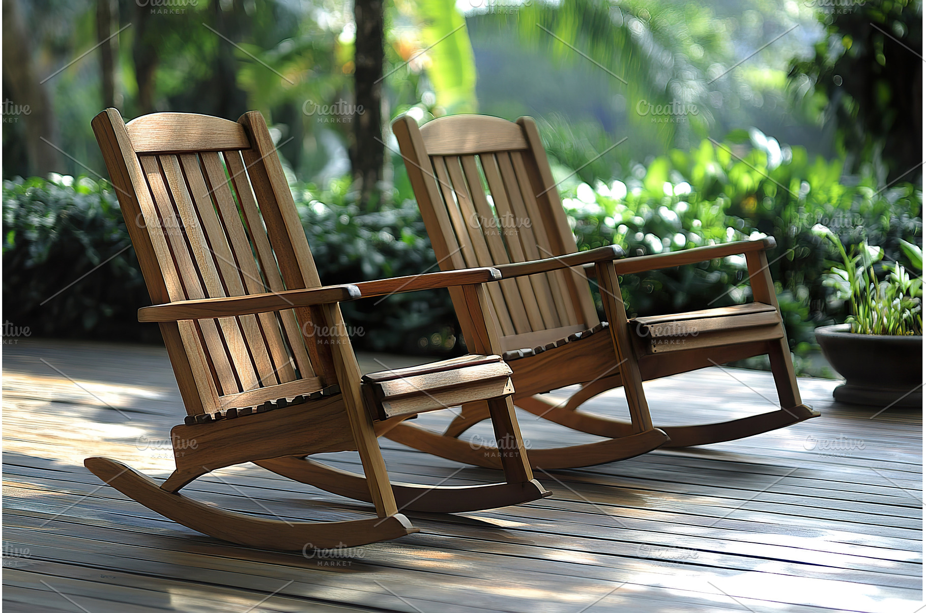 Wooden rocking chairs on sunlit deck, a Nature Photo by Lermont51