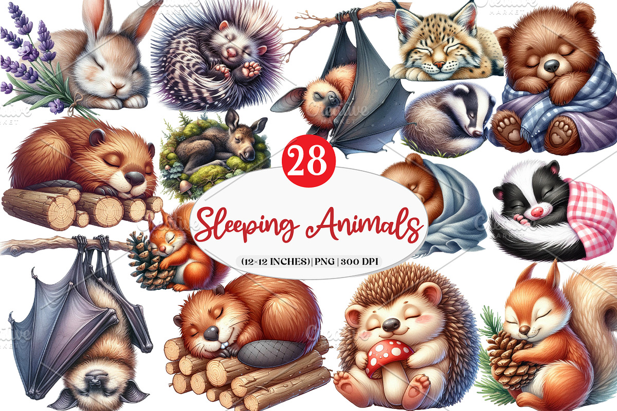 Sleeping Forest Animals Watercolor, an Illustration by Watercolor design (Photo 1 of 4)