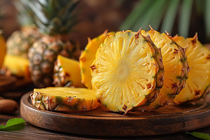 Sliced fresh pineapple on a wooden board, highlighting its juicy, a Food & Drink Photo by ImageMir