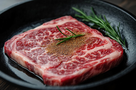 High-quality marbled steak seasoned, a Photo by Tanuart