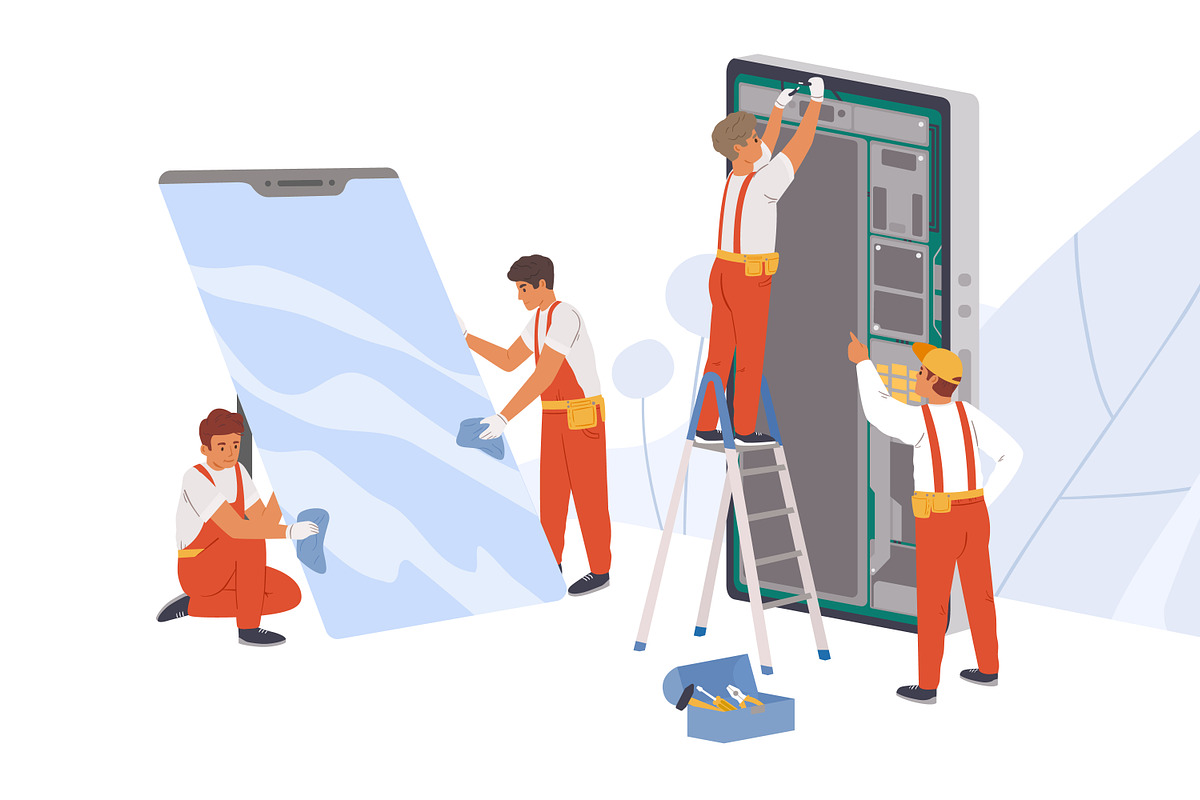 Service workers repairing smartphone, a Person Illustration by Good Studio (Photo 2 of 3)