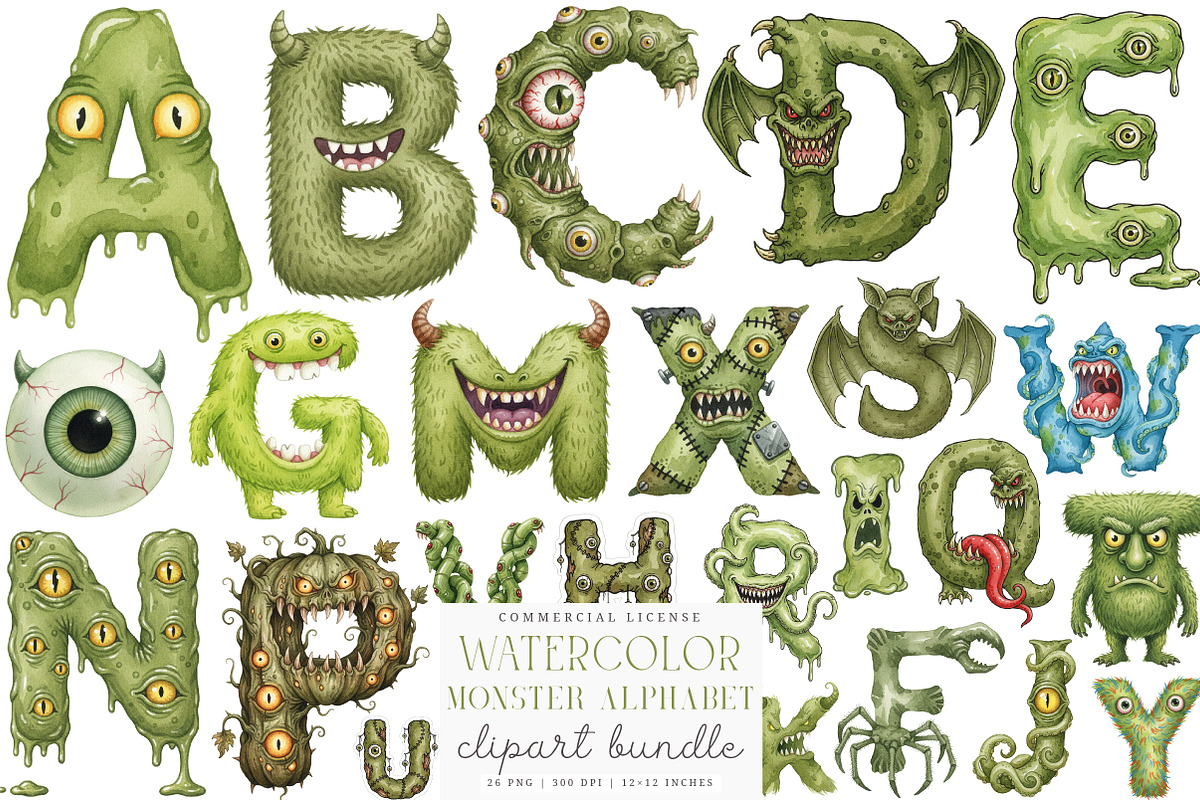 Watercolor Monster Alphabet PNG, an Illustration by SinaCreation (Photo 1 of 7)