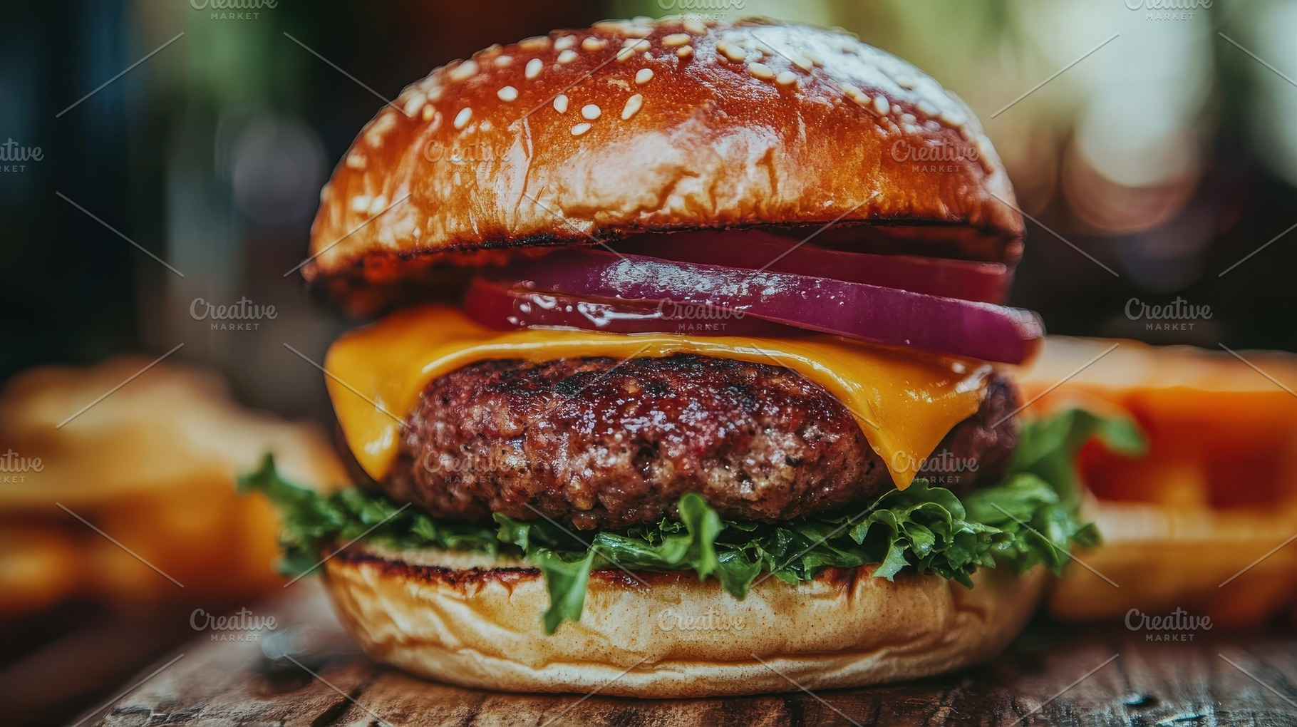 Juicy Burger: Beef patty, cheese, re, a Background Photo by Pixeness