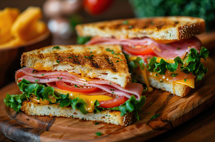 Toast sandwich with cheese, turkey ham, tomato and fresh lettuce on wooden back, a Food & Drink Photo by AlyaAnd
