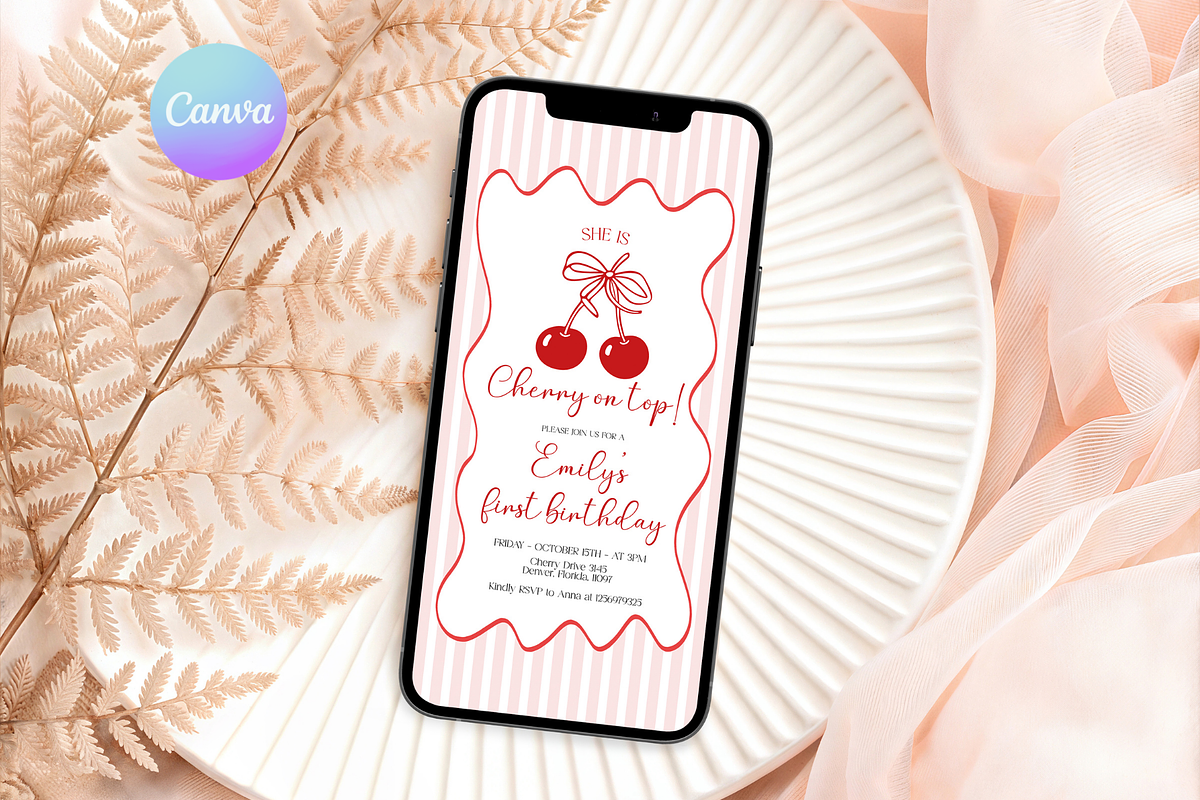 Cherry 1st Birthday Digital Evite, a Templates & Theme by VeliusCreativeStudio (Photo 1 of 3)