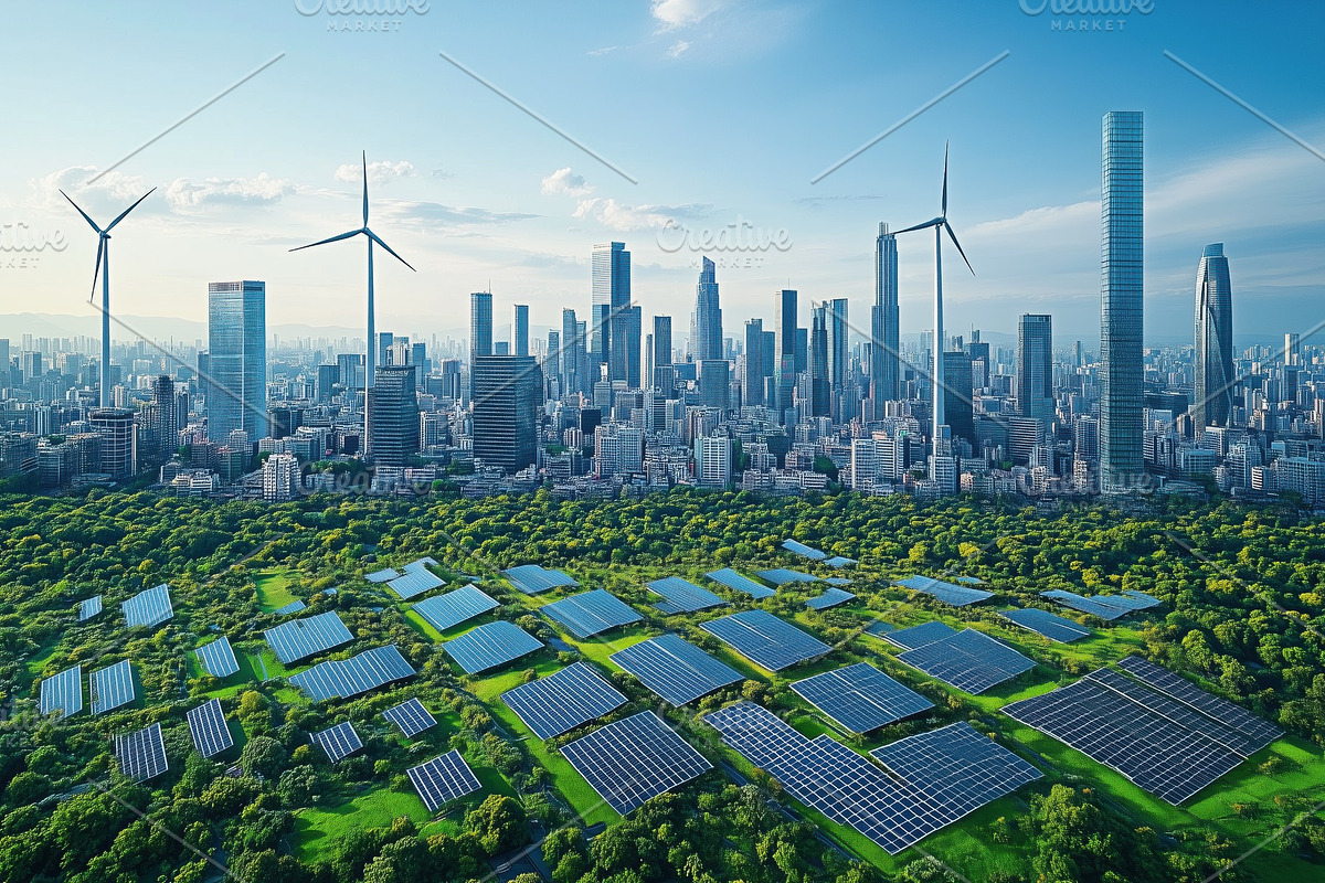 A futuristic city skyline featuring tall skyscrapers, wind turbines, and solar, a Technology Illustration by Textures & Backgrounds