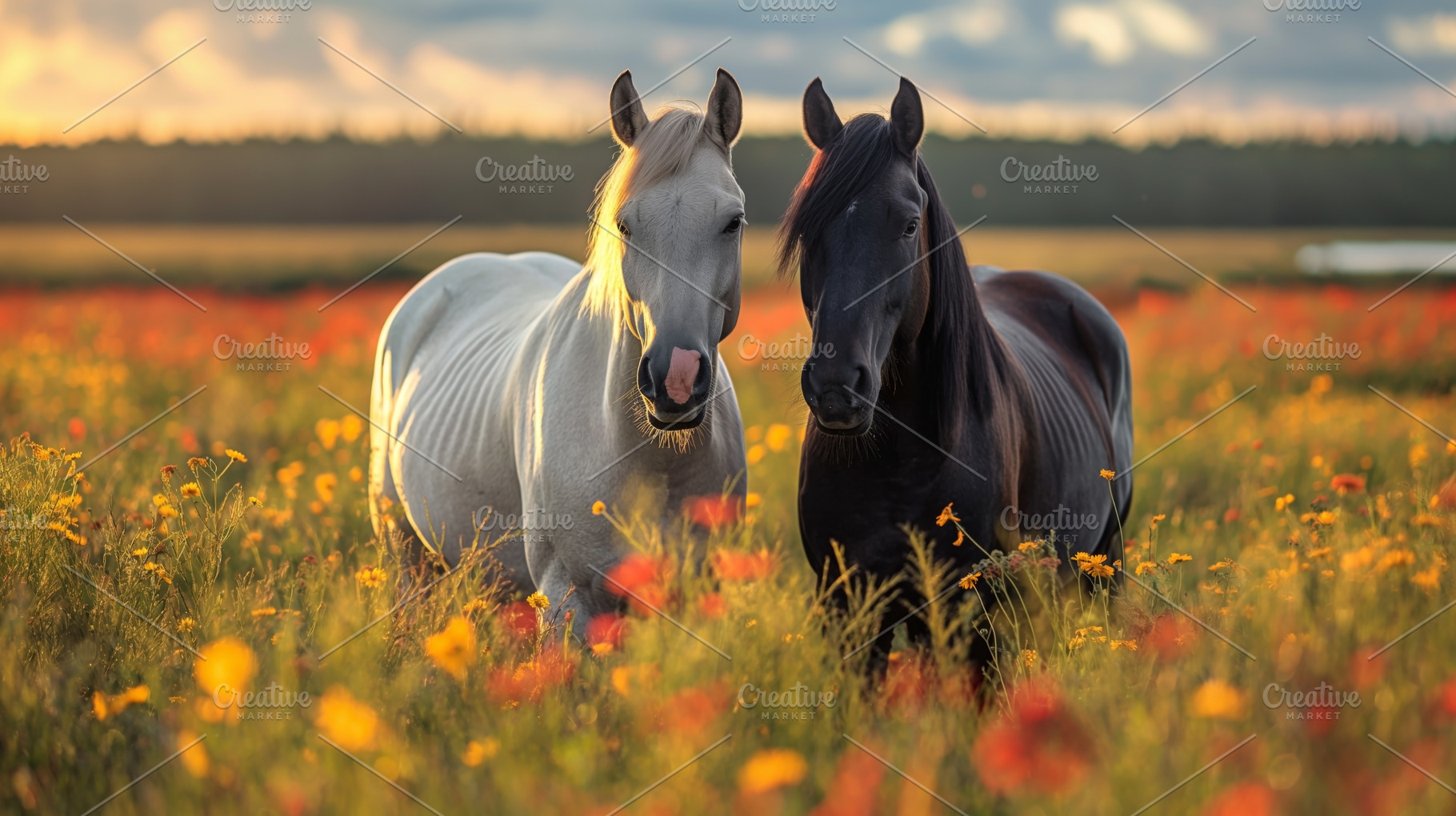 Two beautiful horses, one white and one black, stand together in a vibrant fiel, an Animal Photo by ImageMir