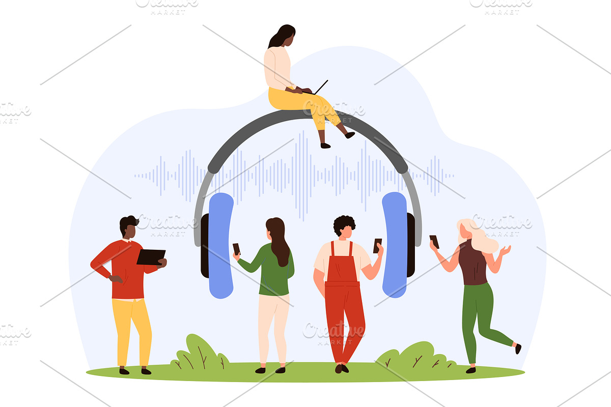 Audio service app, tiny people with, a Technology Illustration by Flashvector