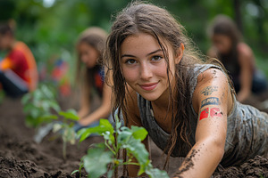 Young volunteers engaged in planting, a Photo by Tanuart
