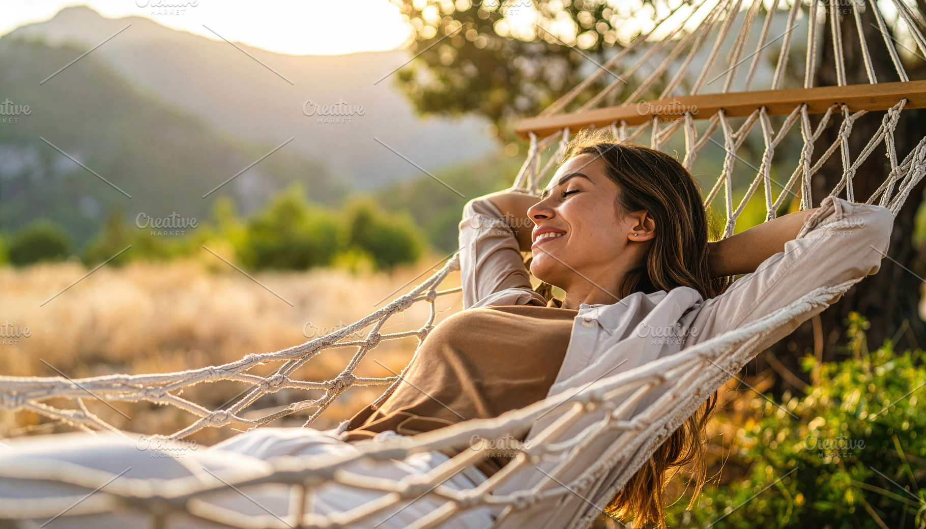 Peaceful Woman Resting in Hammock at Sunset, a Photo by Davizro's Market