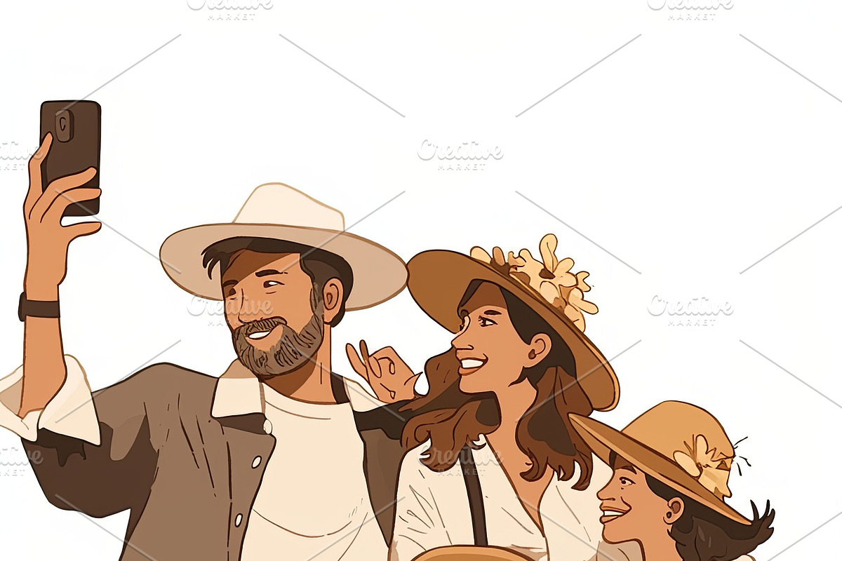 Smiling family taking a selfie together in casual outdoor clothing, an Illustration by AS photostudio