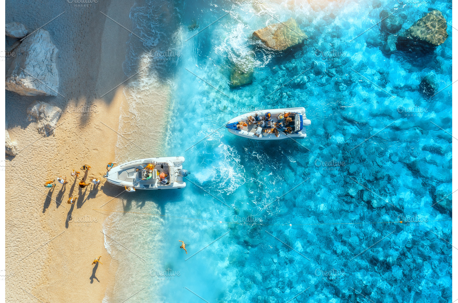 Aerial view of boat, sandy beach, a Transportation Photo by den-belitsky