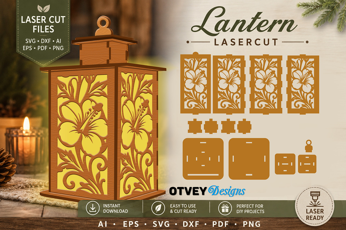 Floral Lantern SVG Bundle Laser Cut, a Decorative Illustration by OTVEY DESIGN (Photo 2 of 14)