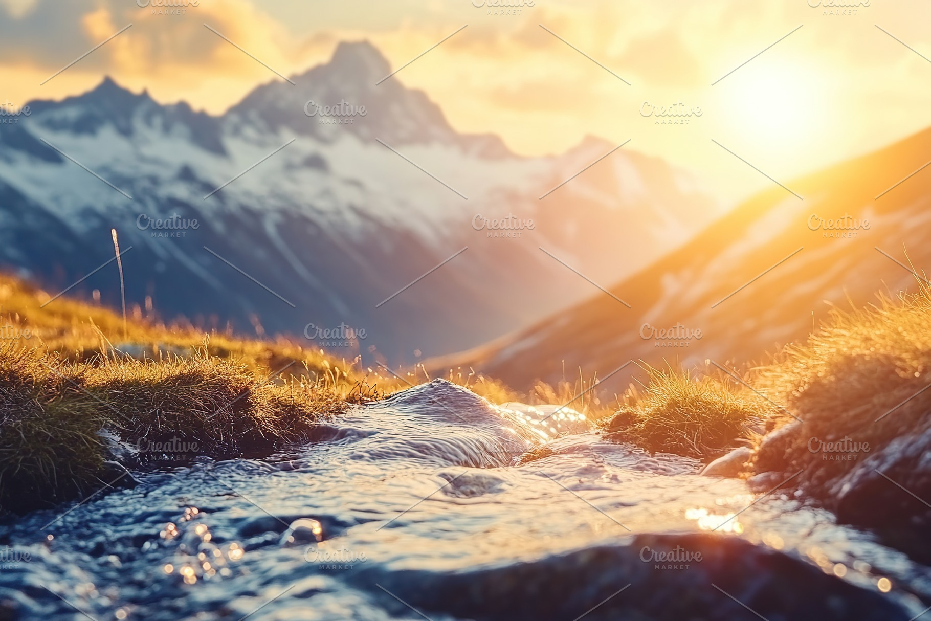 Beautiful landscape with water stream on mountains background, a Background Photo by AlyaAnd