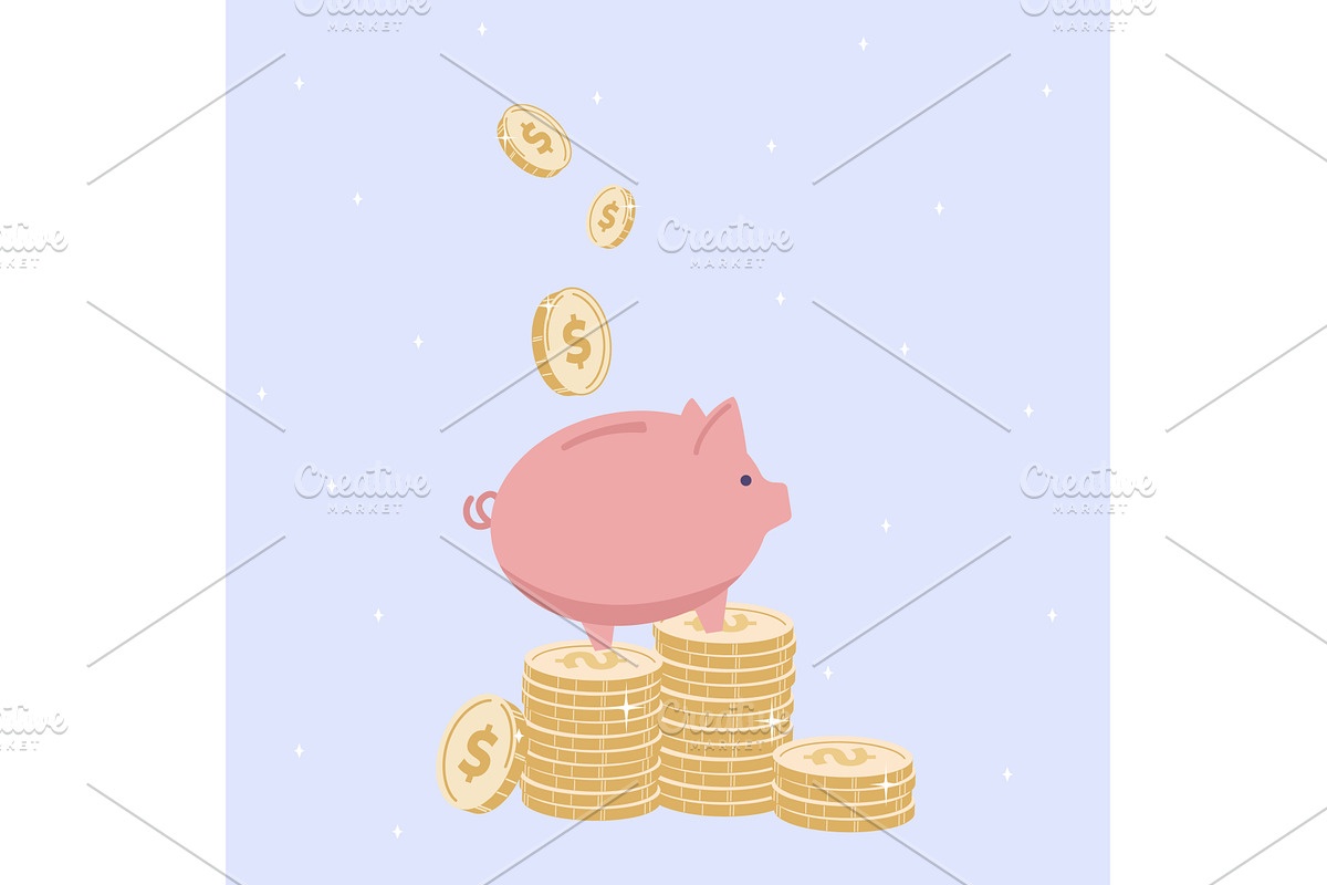 Piggy bank on gold coins stacks, a Finance Illustration by Valerie Bodnar