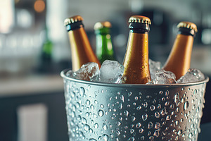 Ice bucket with beer bottles on table against kitchen background, a Food & Drink Photo by AlyaAnd