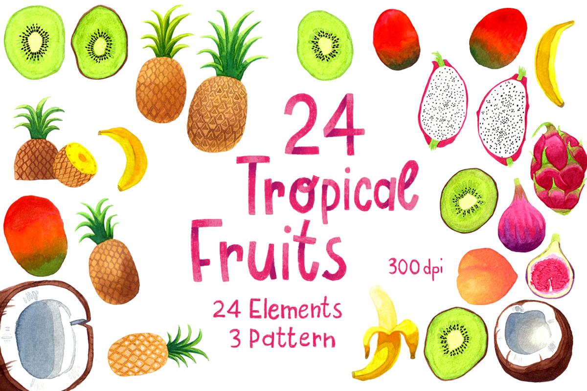 Watercolor Tropical Fruits, a Food Illustration by skrich (Photo 1 of 3)
