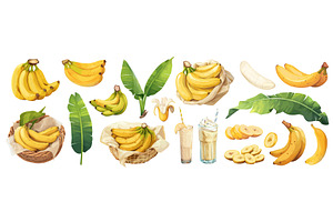 bananas set cartoon. banana leaf, a Food Illustration by Stock-Smart-Start
