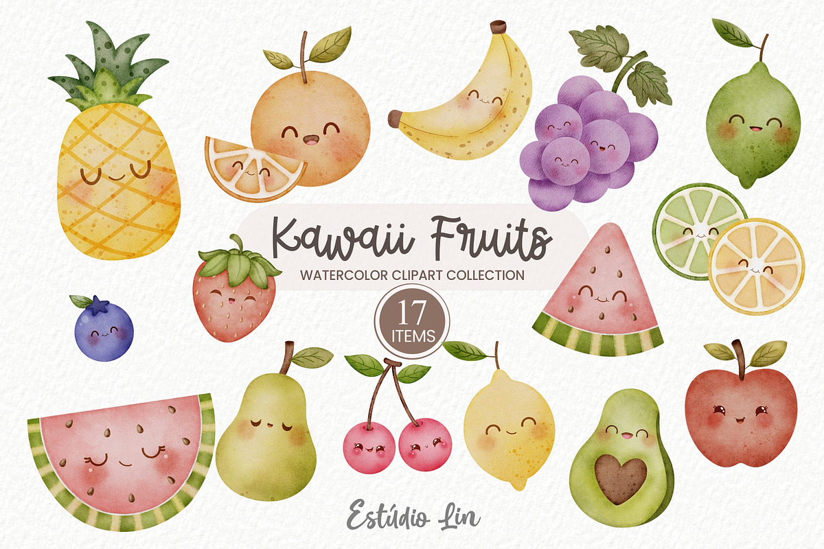 Kawaii Fruits Watercolor Clipart, an Illustration by Estúdio Lin (Photo 1 of 3)