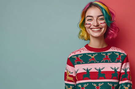 Smiling young woman with color hair in ugly Christmas sweater ag, a Photo by Dvoevnore photos