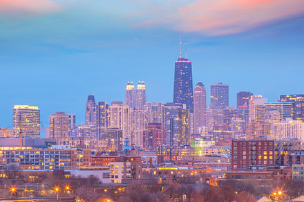 Downtown chicago skyline at sunset Illinois