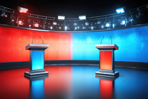 Modern debate stage with red and blue podiums, an Industrial Photo by AlyaAnd