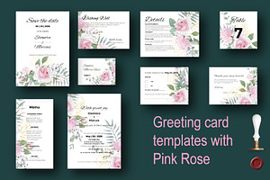 Greeting card with Pink Rose, an Invitation Template by Digital illustration shop
