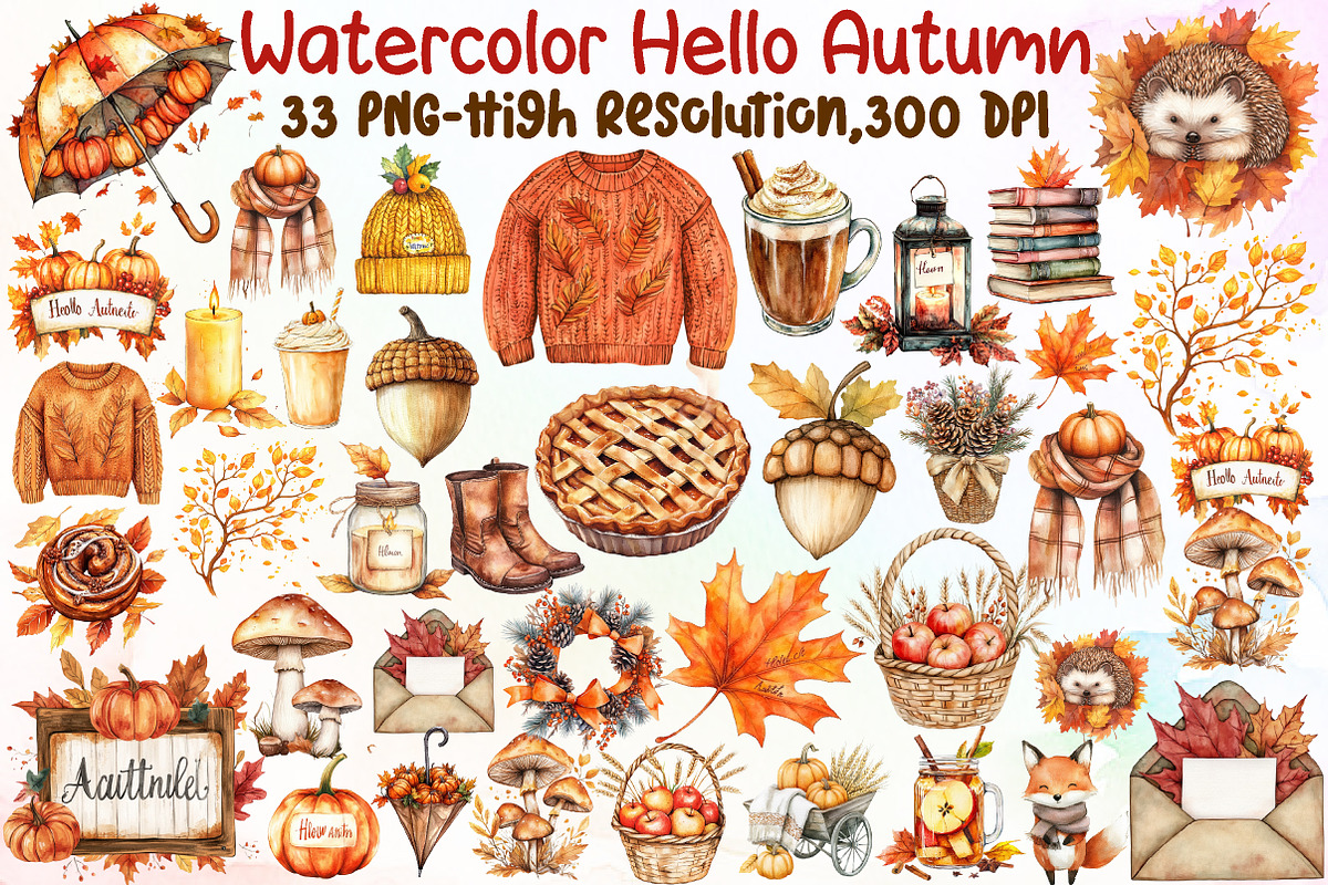 Watercolor Hello Autumn Clipart, an Illustration by Sublimation Artist (Photo 1 of 6)