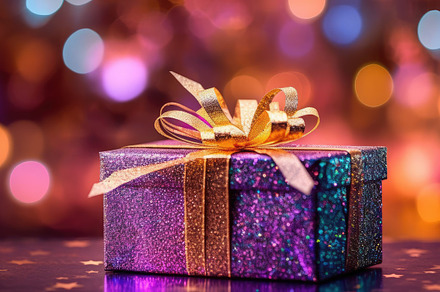 A close - up shot of a festive gift box against bokeh background, a Holiday Photo by designvectx