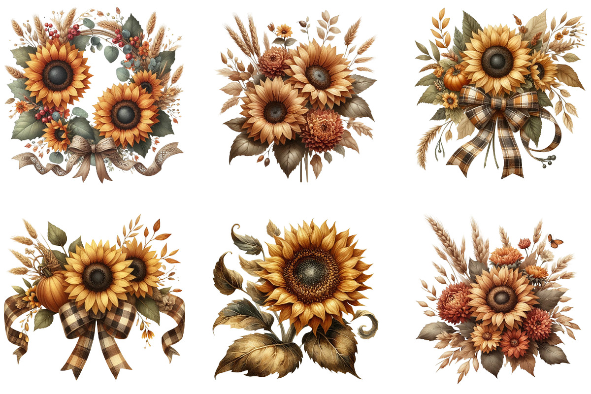 Vintage Sunflowers Autumn Clipart, an Illustration by cherrydesign (Photo 2 of 3)