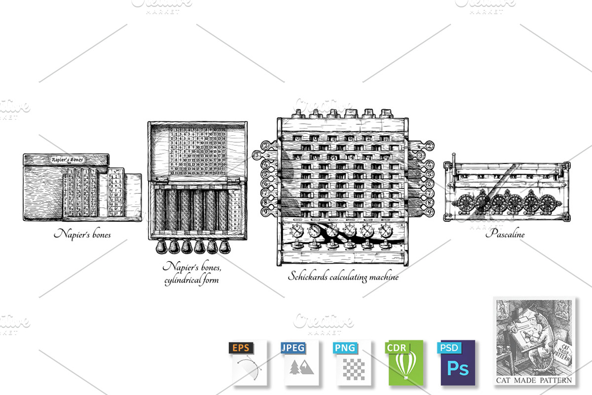 History of calculating machines, an Illustration by CatMadePattern