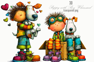 Puppy with Boy Whimsical Clipart, a Person Illustration by Designking