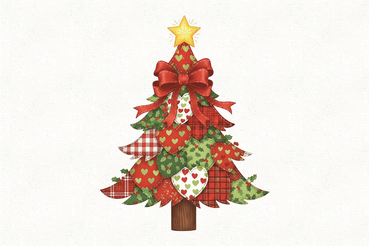 Retro Patchwork Christmas Tree PNG, an Illustration by CraftArtStudio (Photo 1 of 4)