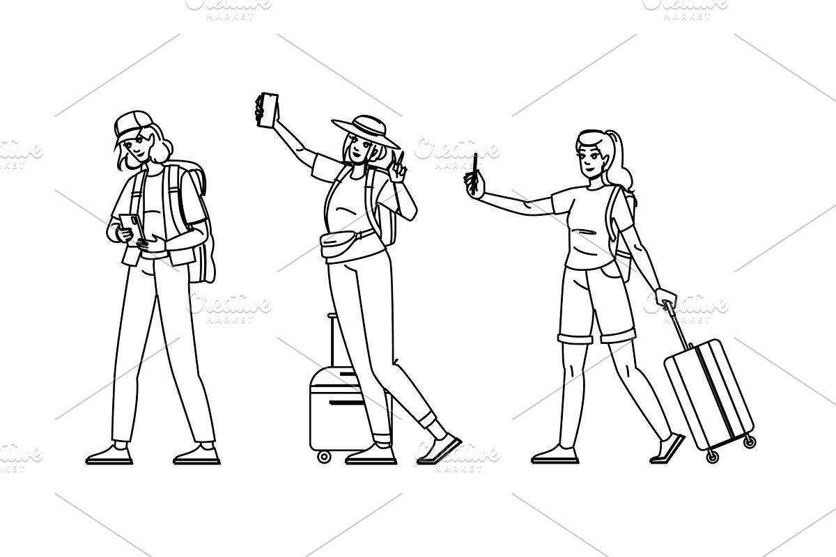 explore woman tourist phone vector, a Person Illustration by pikepicture