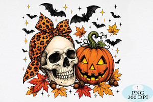 Retro Skull & Pumpkin Halloween PNG, a Seasonal Illustration by Daily.Designs