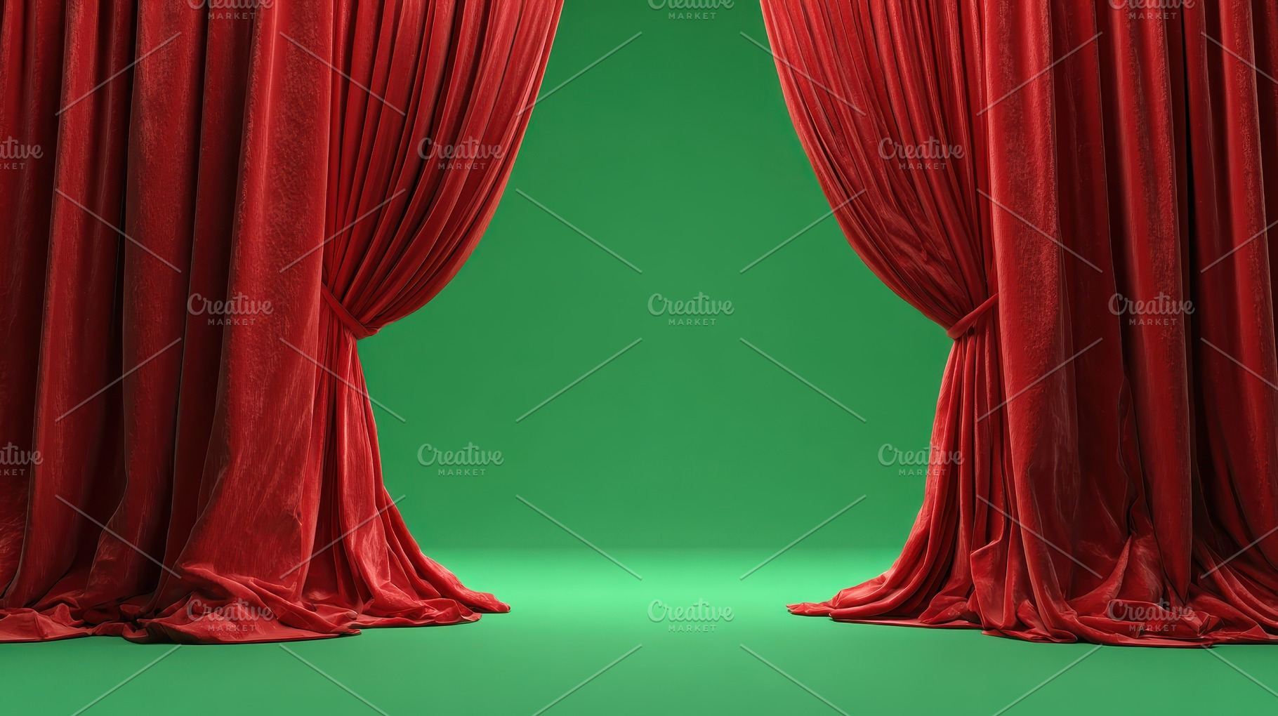 Red velvet curtains on green stage r, a Photo by Pixeness Studio