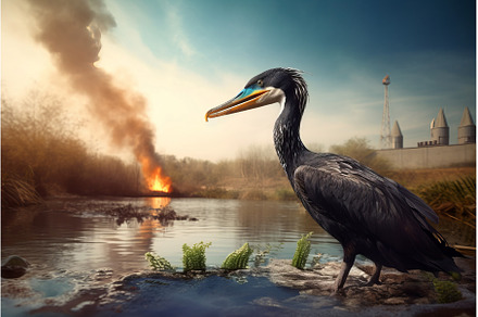 Bird in dirty lake water. Generate, an Industrial Photo by Ylivdesign