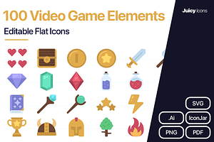 100 Video Game Elements Flat Icons