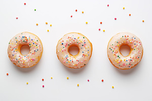 Three donuts with icing sprinkles, a Food & Drink Photo by MistyDay