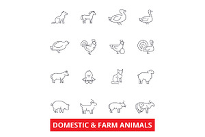 Domestic farm animals line icons. Cow, dog, cat, donkey, chicken, duck, goose, pig, sheep. Editable strokes. Flat design vector illustration symbol concept. Linear signs isolated on white background