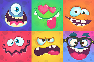 Cartoon Monsters Faces Set