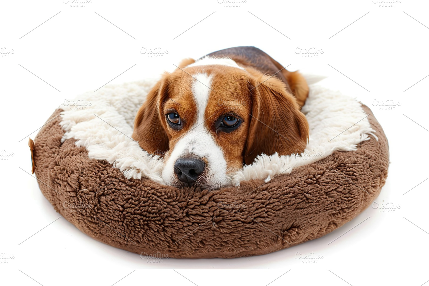 Adorable beagle dog lying on soft dog bed on white background, an Animal Photo by AlyaAnd