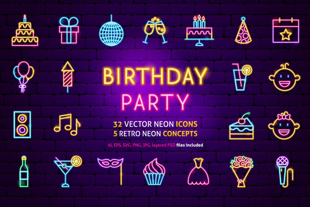 Happy Birthday Vector Neon Icons, an Outline Icon by Anna_leni (Photo 1 of 8)