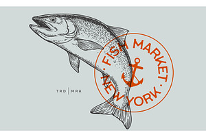 Salmon fish, seafood, label. Hand, a Food Illustration by Foxys Graphic