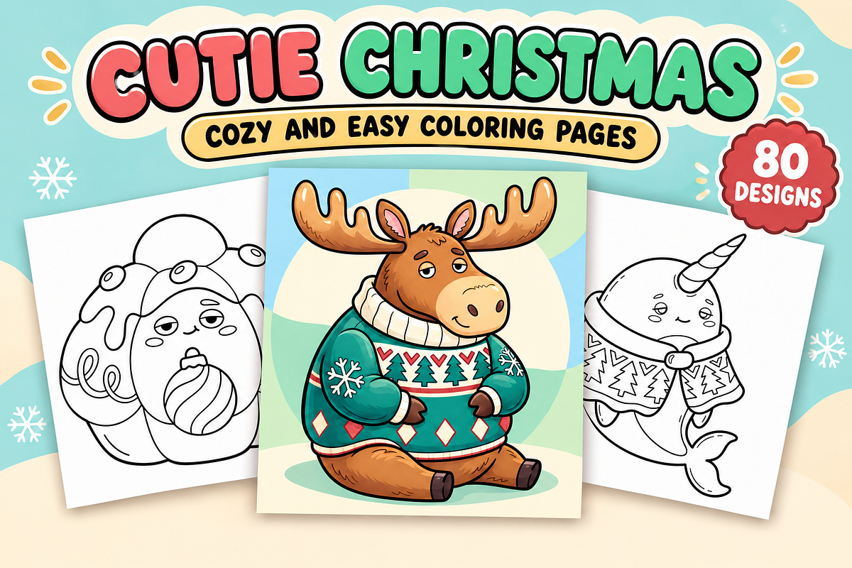 Cutie Christmas Coloring Pages #1, a Seasonal Illustration by Inkivelle Studio (Photo 1 of 3)