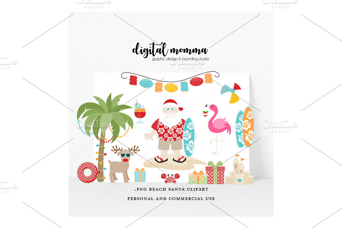 Beach Santa Clipart, .PNG Graphics, an Illustration by Digital Momma