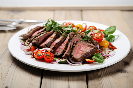 Grilled meat steak with vegetables in plate on wooden background, a Photo by AlyaAnd
