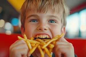 Child enjoys playfully eating French, a Photo by Iftikhar Alam