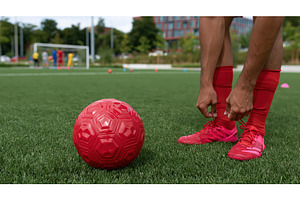 Man ties shoe laces on soccer field, a Sports & Recreation Photo by Lermont51