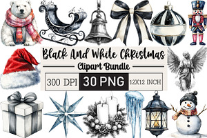 Black And White Christmas Clipart, an Illustration by Black Bird Studio